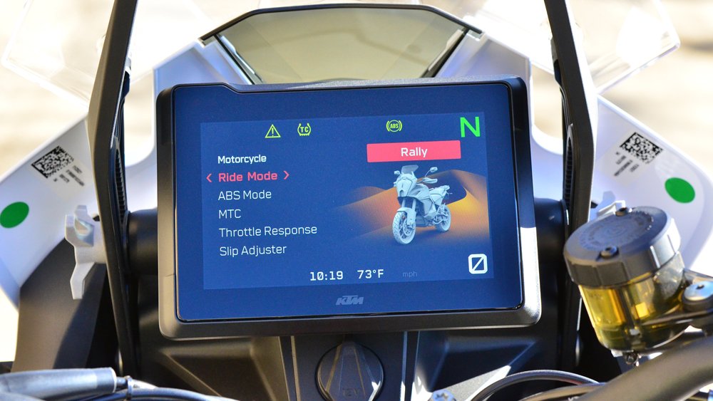 The 7-inch TFT dash on the 2022 KTM 1290 Super Adventure R motorcycle.