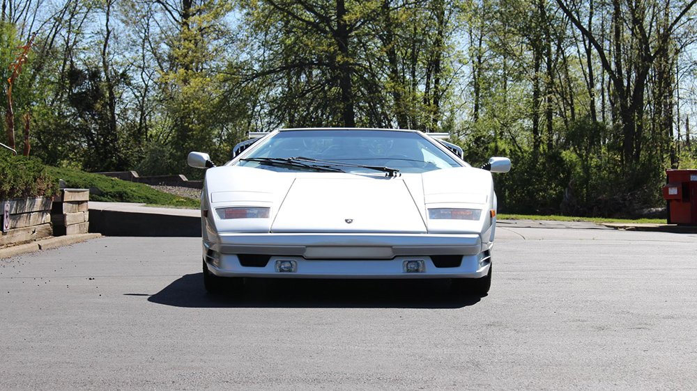The 1989 Lamborghini Countach 25th Anniversary Edition from the front