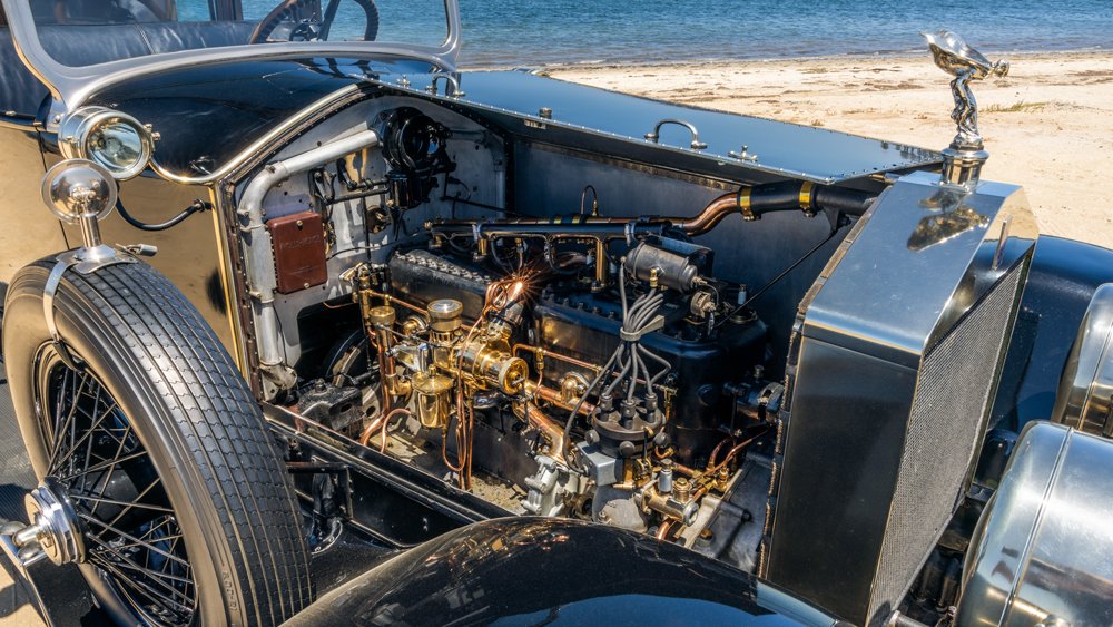 The engine under the hood of a 1921 Rolls-Royce Springfield Silver Ghost.