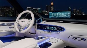 The modern yet classically elegant interior of the 2023 Genesis Electrified GV70.