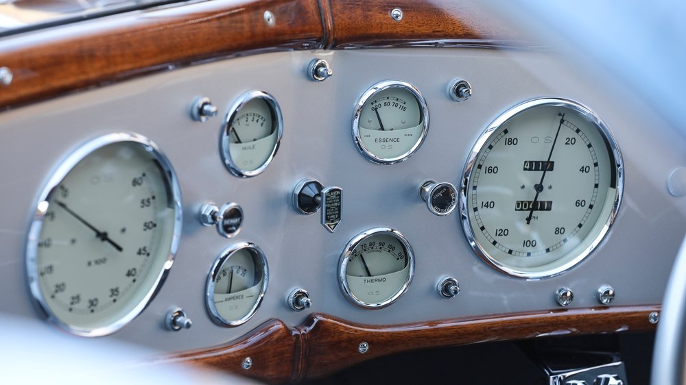 A close-up of the dash in a 1937 Talbot-Lago T150-C-SS Teardrop Coupe, bodied by Figoni et Falaschi.
